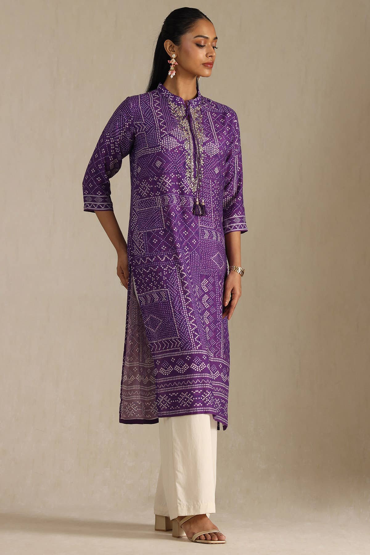 Purple Muslin Bandhani Printed Kurta With Zardosi - Image 2