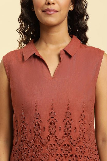 Dark Red Cotton Schiffli Top And Pants Co-Ord Set - Image 2